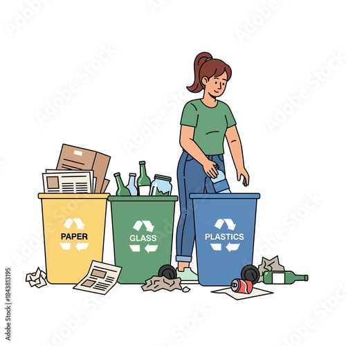 Young woman sorting waste into labeled recycling bins for paper, glass, and plastics.