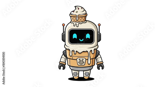 Cute Cartoon Robot with Ice Cream on Head Isolated on White Background