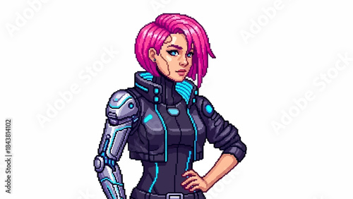 Futuristic Female Cyborg with Pink Hair and Blue Accents Standing Confidently Isolated on White