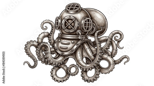 Vintage Diving Helmet Octopus Illustration Isolated on White