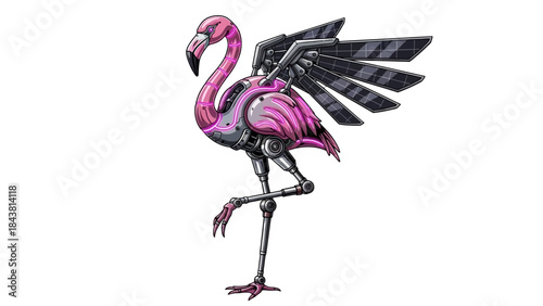 Cyberpunk Flamingo with Mechanical Wings Isolated on White Background