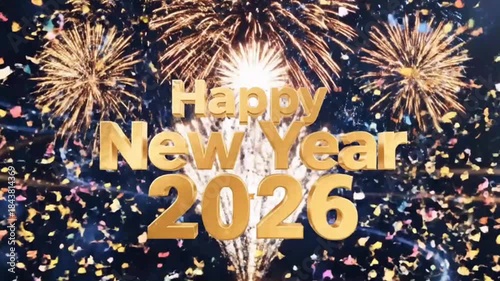 Happy New Year 2026 Festive Fireworks Confetti Motion Graphics Celebration Video