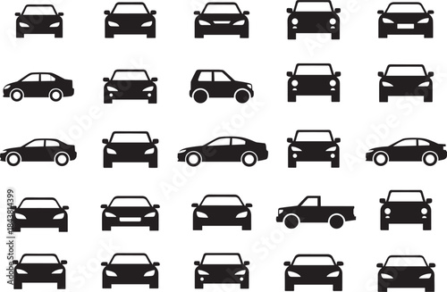 Large Collection of Car Silhouettes in Front and Side Views, Featuring Sedans, Hatchbacks, Wagons, and Pickup Trucks for Automotive Design