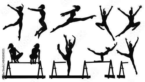 Collection of dynamic female gymnast silhouettes performing various athletic leaps and balance beam poses