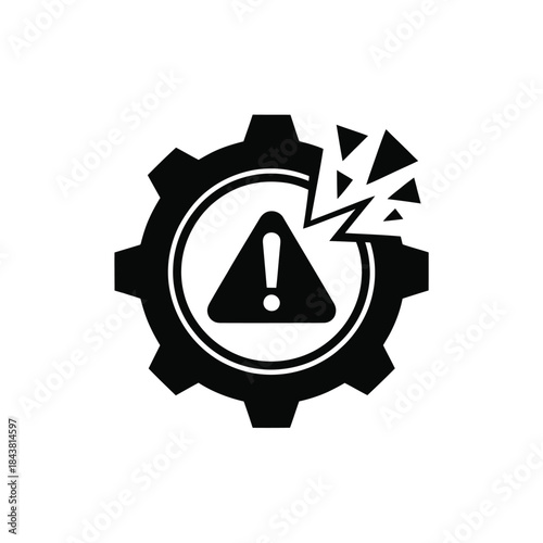Broken gear with warning sign system failure or critical error indication
