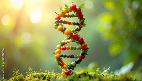 A vibrant depiction of a DNA double helix crafted from fresh, healthy food elements