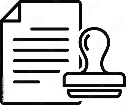 Document approval stamp icon, legal paperwork certification symbol, official authorization flat line design isolated on white background business office concept
