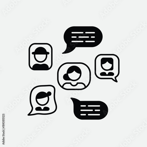 Communication icons depicting diverse faces within speech bubbles flat design