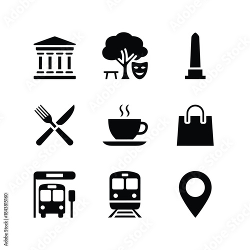 A collection of simple black and white icons representing travel and culture