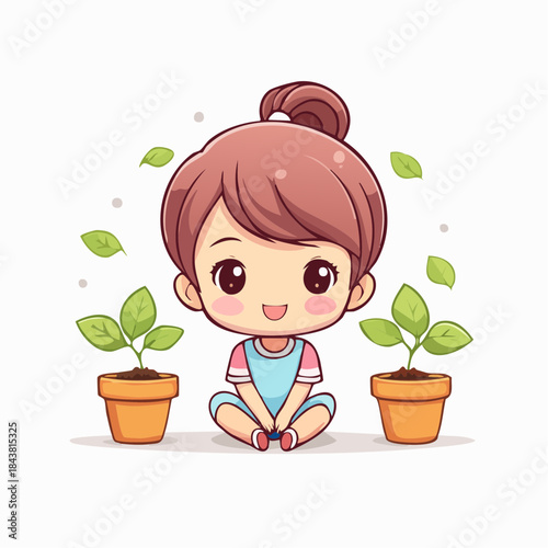 Nurturing Sprouts: A cute cartoon child happily tending to young seedlings, symbolizing growth and the joy of cultivating life.