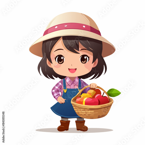 Harvest Time: A cheerful young individual, adorned with a sunhat, smiles warmly as she cradles a bountiful basket brimming with the season's ripe fruits, embodying the joy of a successful harvest.
