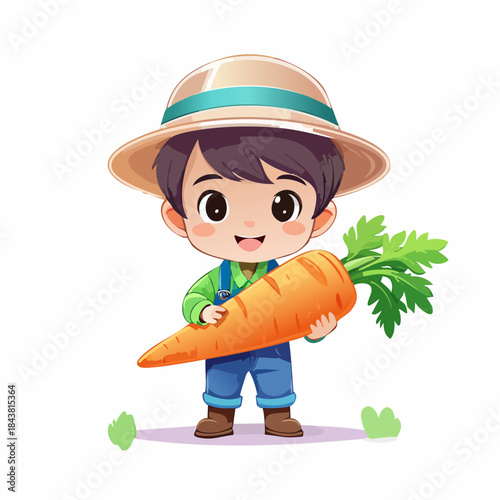 Farmer Holding Carrot: An illustrated farmer, radiating warmth and happiness, joyfully cradles a vibrant, freshly-harvested carrot, embodying the essence of farm life and the beauty of nature.