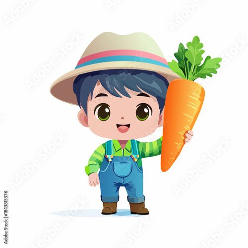 Cute Farmer: A cheerful young farmer boy proudly holds a giant carrot, a symbol of a bountiful harvest and fresh produce. His friendly demeanor radiates the joy of farm life.