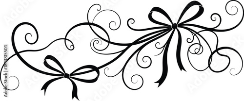 Elegant black and white vector swirl design featuring two decorative bows and flowing ornamental flourishes perfect for invitations