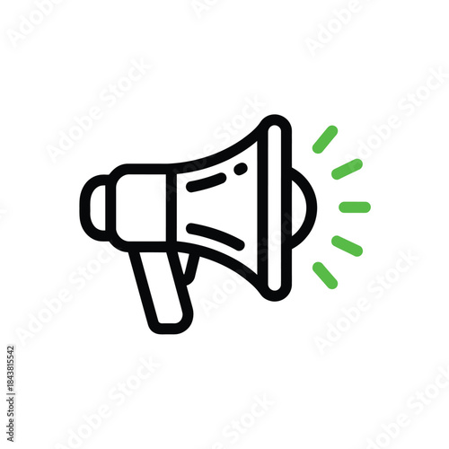 Simple black and white line drawing of a megaphone with green sound waves