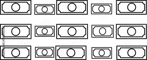 Simple black and white outline icons representing various denominations of paper currency arranged in neat rows for finance concepts