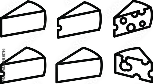Set of six black outline icons depicting various slices of cheese including swiss and plain wedge shapes for food design