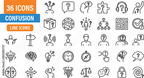 Confusion Line Icons Set Featuring Questions, Uncertainty, Decision Making, Problem Solving, Editable Stroke Vector Symbols for UX, Psychology, and Business Concept Designs