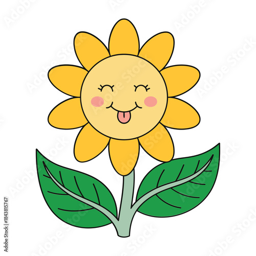 A cheerful cartoon sunflower with a smiling face and green leaves
