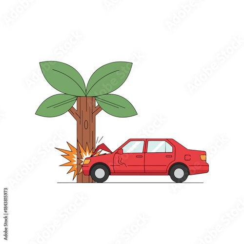 Red car crashed into a tree with an explosion effect illustration, impact visual with damaged vehicle and trunk