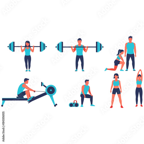 Diverse people doing various fitness exercises, weightlifting, rowing, stretching, and squats, gym workout collection