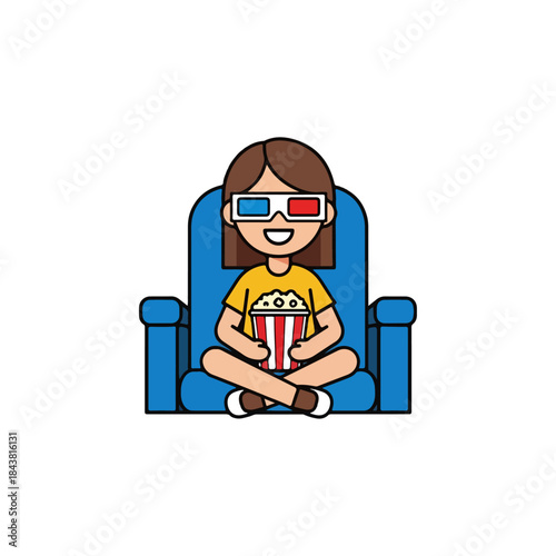 Happy cartoon girl enjoying a movie, 3D glasses and popcorn, sitting comfortably in a cinema seat.