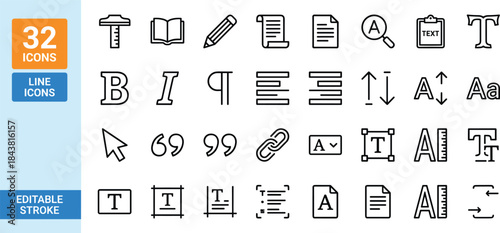 Text editing and typography line icons set featuring formatting, documents, fonts, alignment tools for UI, UX and graphic design