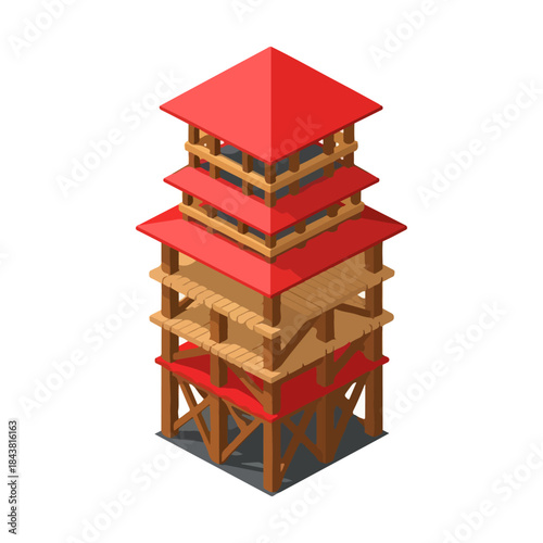 Isometric Observation Tower Structure with Red Roof and Wooden Platforms and Supports