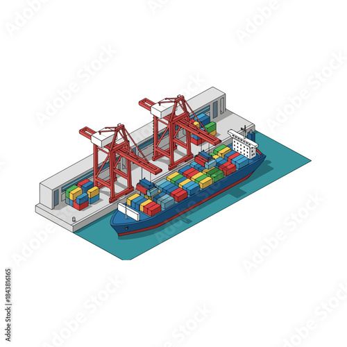 Isometric container ship at port with cranes and cargo containers being loaded and unloaded onto the dock