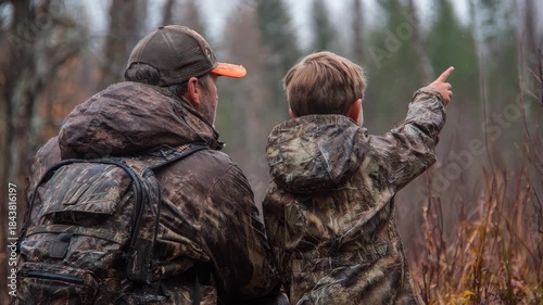 Father guides son during first deer hunt in the forest on a cool autumn day, sharing valuable experiences and bonding through nature