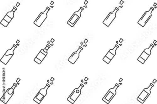 Collection of fifteen minimalist black and white line icons depicting various stages of opening and pouring beverage bottles for celebration or refreshment