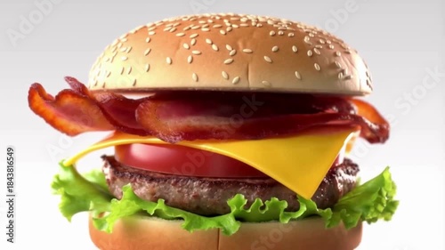 Cinematic Slow Motion of Deconstructed Burger Ingredients Assembling and Stacking on White Background