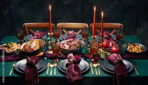 Elegant Christmas Table Setting with Burgundy Napkins and Green Tablecloth