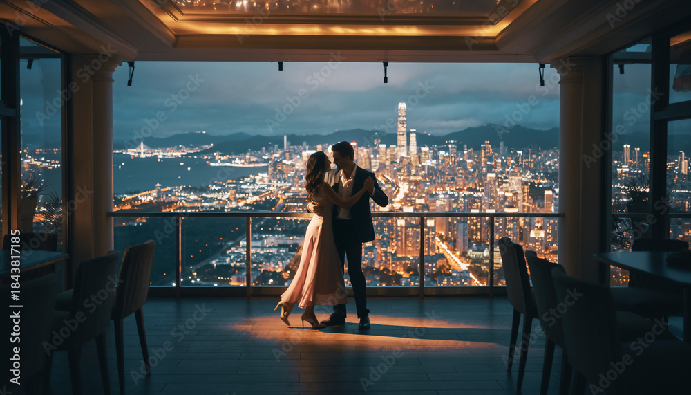 Fototapeta premium Elegant couple dancing intimately on a luxurious highrise balcony, overlooking a breathtaking, illuminated city skyline and harbor at night.