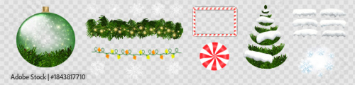 Set of Christmas elements on a transparent background. Christmas ornaments. Christmas ball, candy, tree, garlands. Snow caps, snowstorm, snow. Holiday decor. Vector illustration