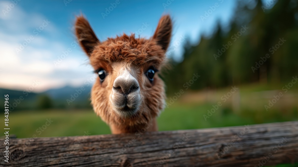 Fototapeta premium A close-up view of a curious alpaca peering through a wooden fence in a lush green pasture, evoking feelings of wonder and connection with nature's beauty.