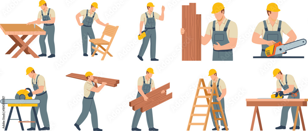 Fotografie Carpenter illustration set, construction worker, woodworking tools, measuring, s