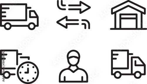 Delivery Truck and Logistics Line Icons Set for Shipping, Warehouse and Time Management