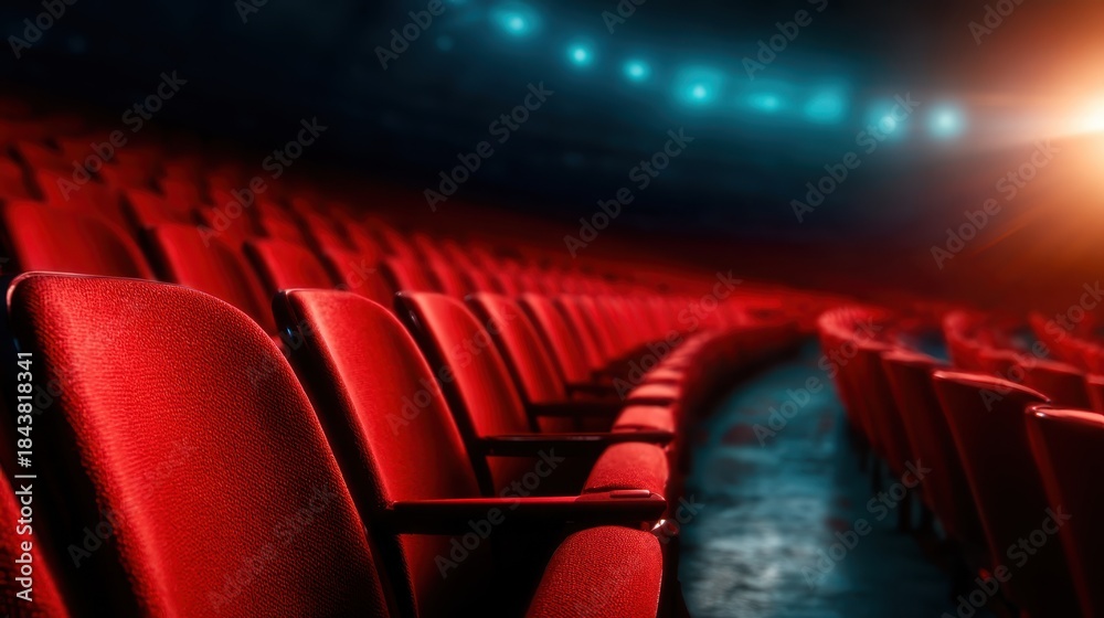 Fototapeta premium A striking image showing rows of empty red theater seats illuminated by dramatic lighting, evoking feelings of anticipation and the excitement of a performance waiting to start.