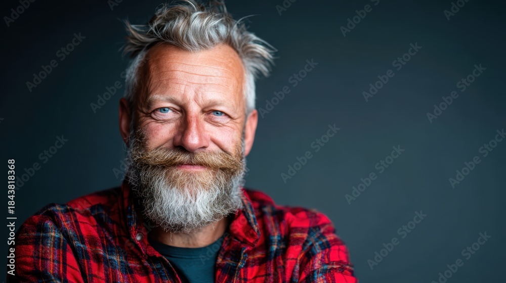 Obraz premium This portrait of a smiling bearded man in a flannel shirt captures warmth and approachability, showcasing authentic human connection and the charm of everyday style.