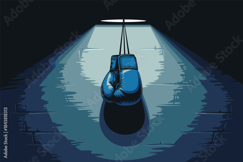 Single blue boxing glove hanging over spotlight on dark background.