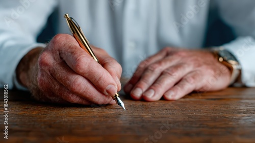 A close-up of a person's hands writing elegantly with a fountain pen on a rustic wooden table, highlighting the art of writing and the delicate craftsmanship of the pen.