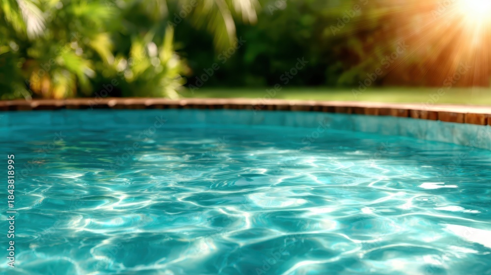 Fototapeta premium A vibrant swimming pool scene capturing the shimmering reflections of sunlight on crystal clear water, surrounded by lush greenery, evoking relaxation and leisure.