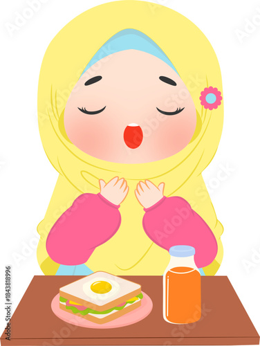 Muslim girl praying before iftar dinner