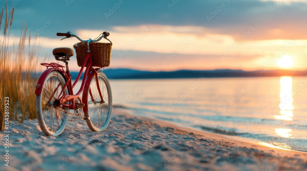 Fototapeta premium A charming red bicycle rests on the sandy beach as the sun sets over the tranquil waters, capturing a peaceful moment that invites relaxation and nostalgia for summer days.