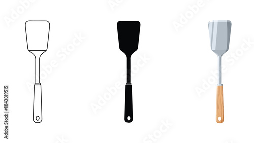 Set of three spatulas outline, silhouette, and colored illustration with wooden handle