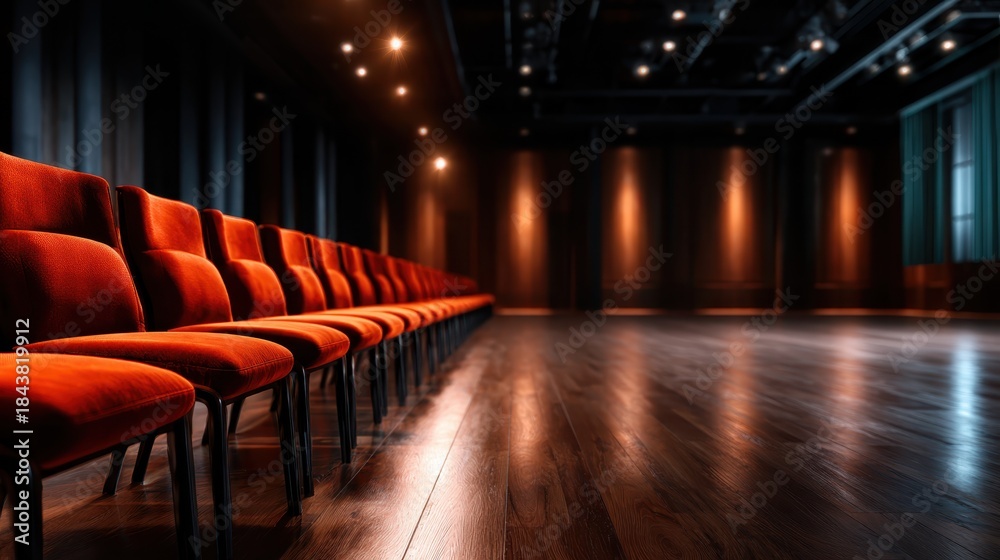 Fototapeta premium An elegant arrangement of empty chairs in a modern venue creates a sophisticated atmosphere, ideal for events, performances, or gatherings awaiting guests.