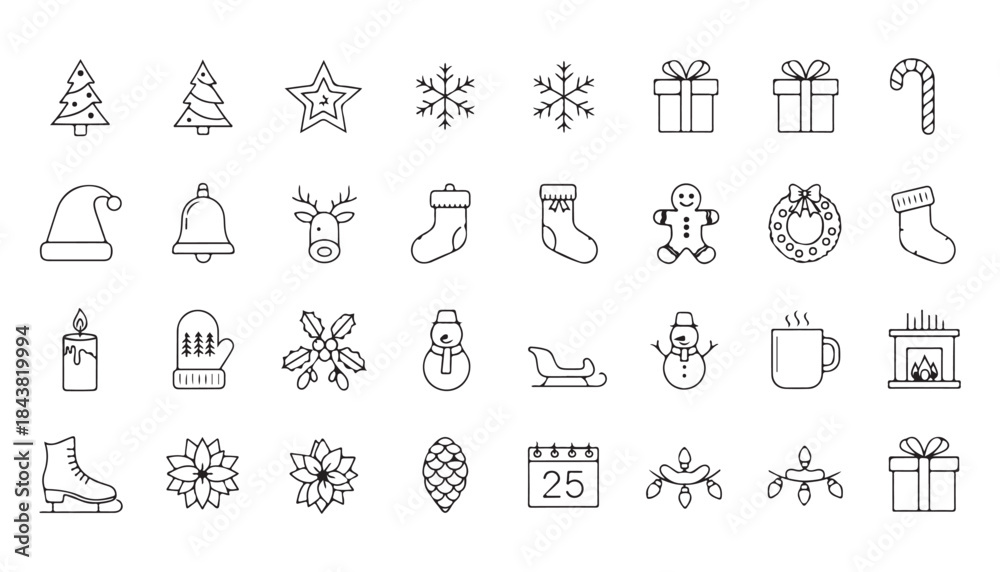 Fototapeta premium Holiday and seasonal line icon set with gift, snowflake and decoration