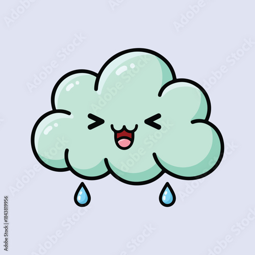 Cute kawaii green cloud character with raindrops, adorable weather mascot illustration