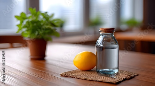 A clear glass bottle filled with refreshing water a bright lemon and a green potted plant on a wooden table